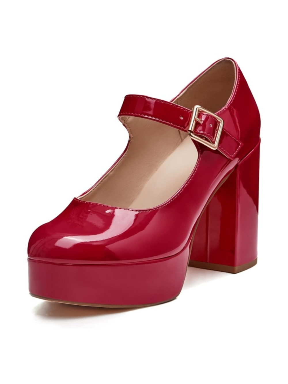 Coutgo Womens' Round Toe Chunky Platform Heels Patent Mary Jane Dress Shoes -Red